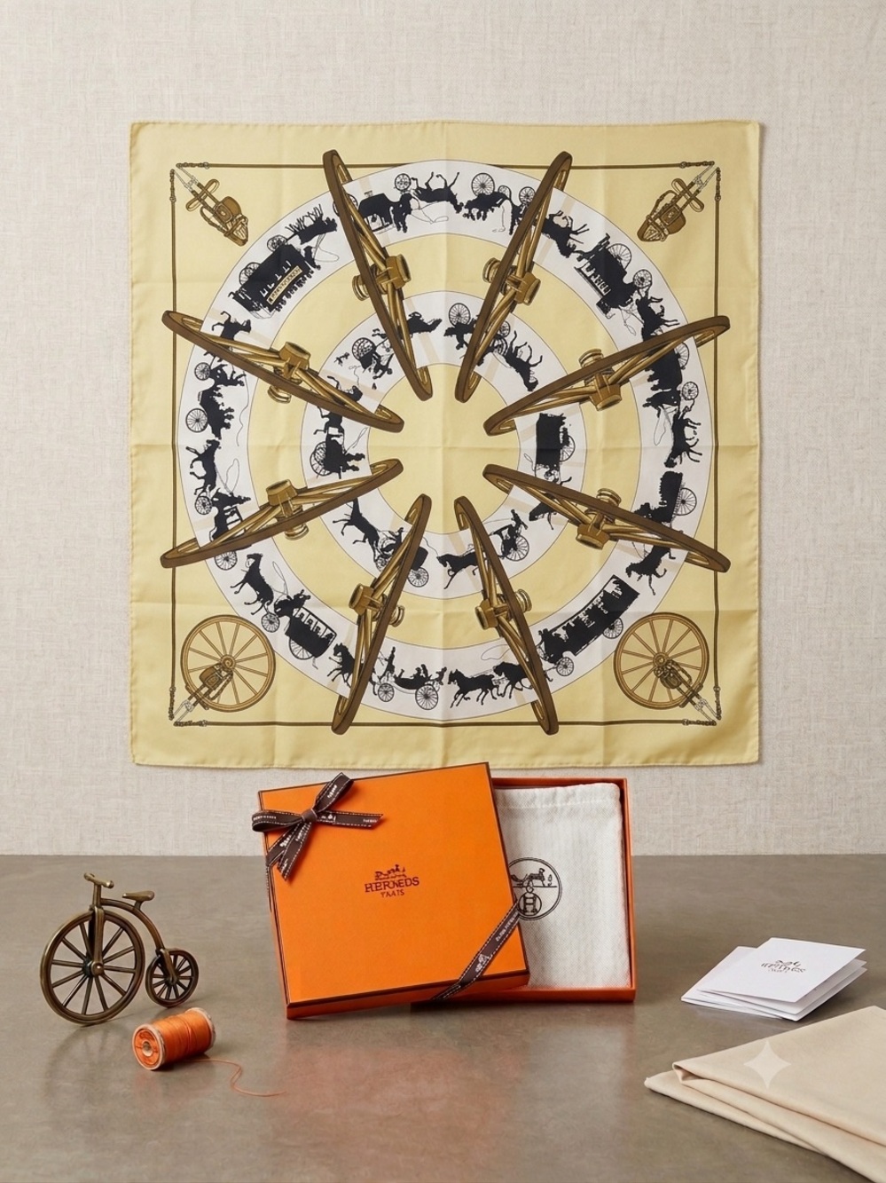 Hermes Yellow White Black Equestrian Print Silk Scarf small gift box included